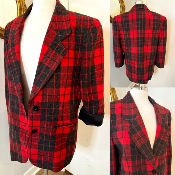 Vintage Red & Black Plaid wool blazer Size M oversized Academia Fall Boxy - Picture 4 of 15